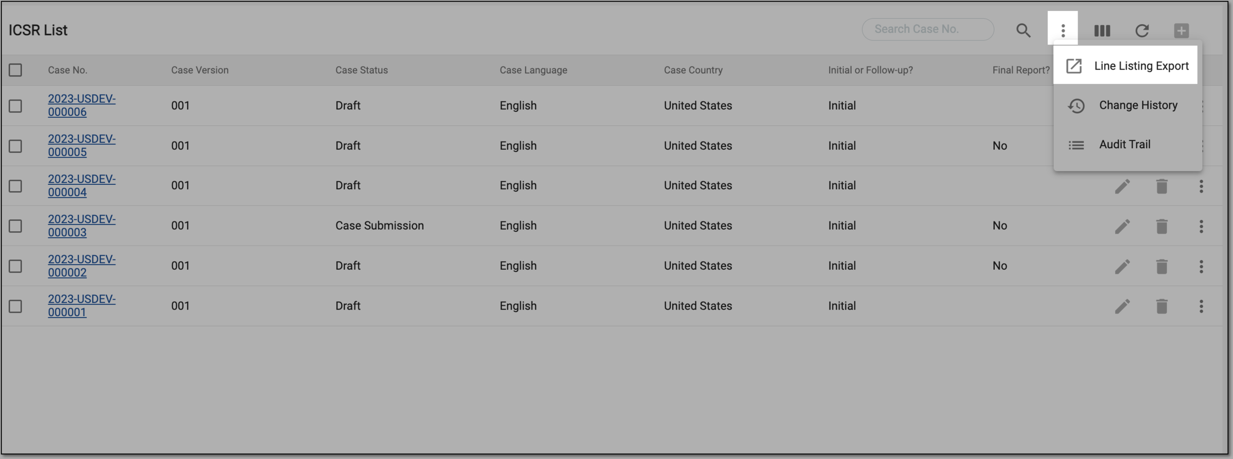 Selecting line listing export