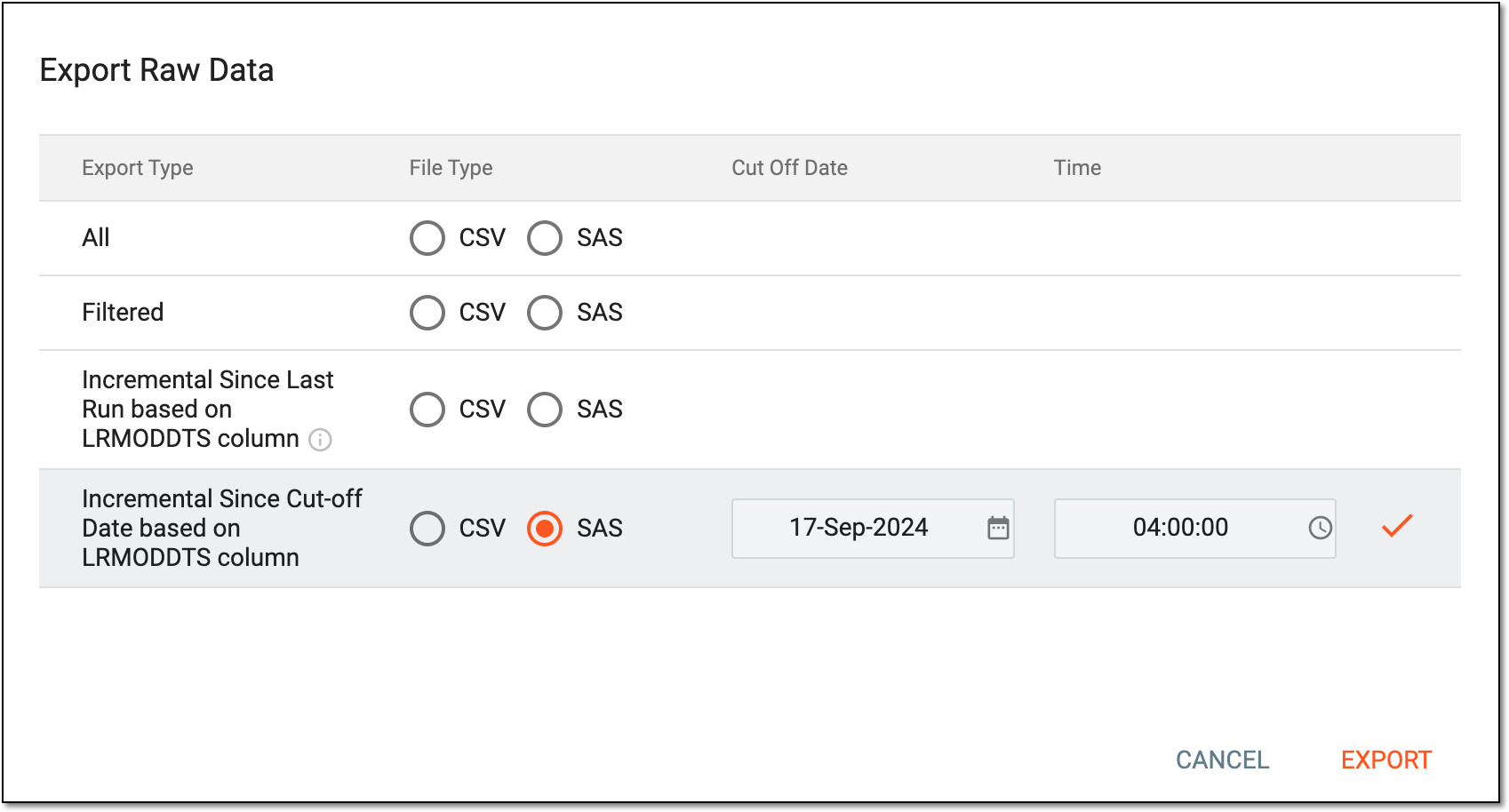 Selecting raw data exporting options