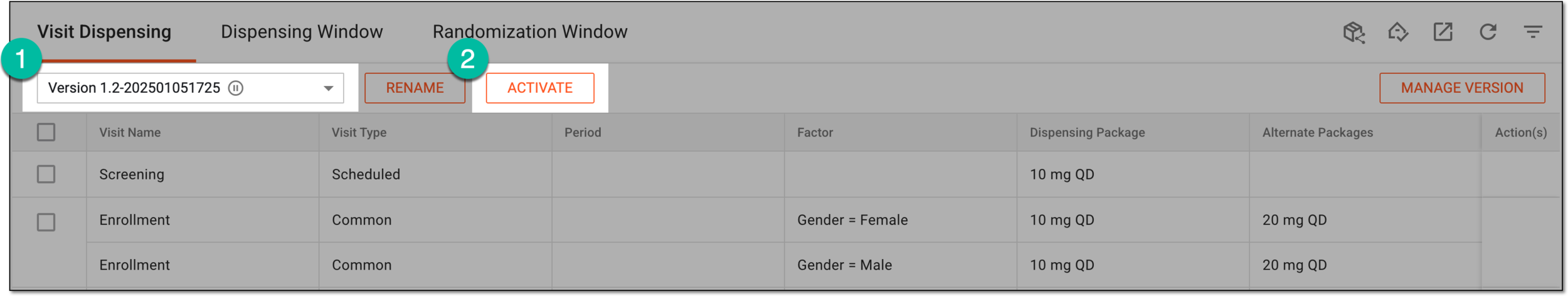 Activating visit setting version