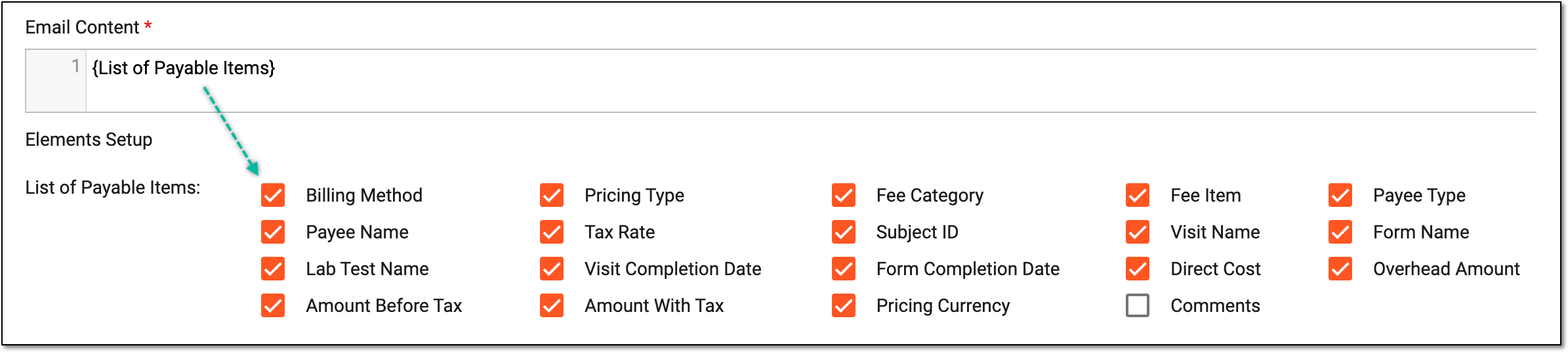 Displaying list of payable items to include into email