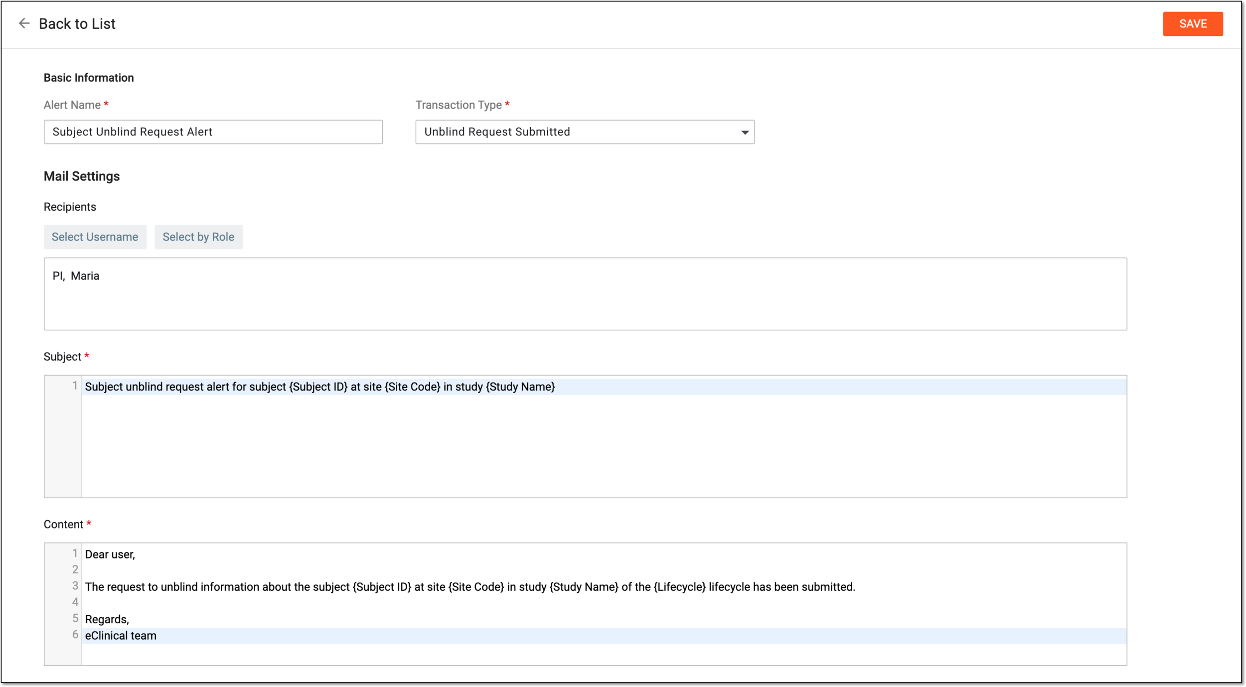 Configuring subject unblind request alert