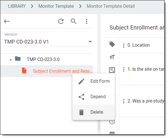 Selecting option to delete simple or log form