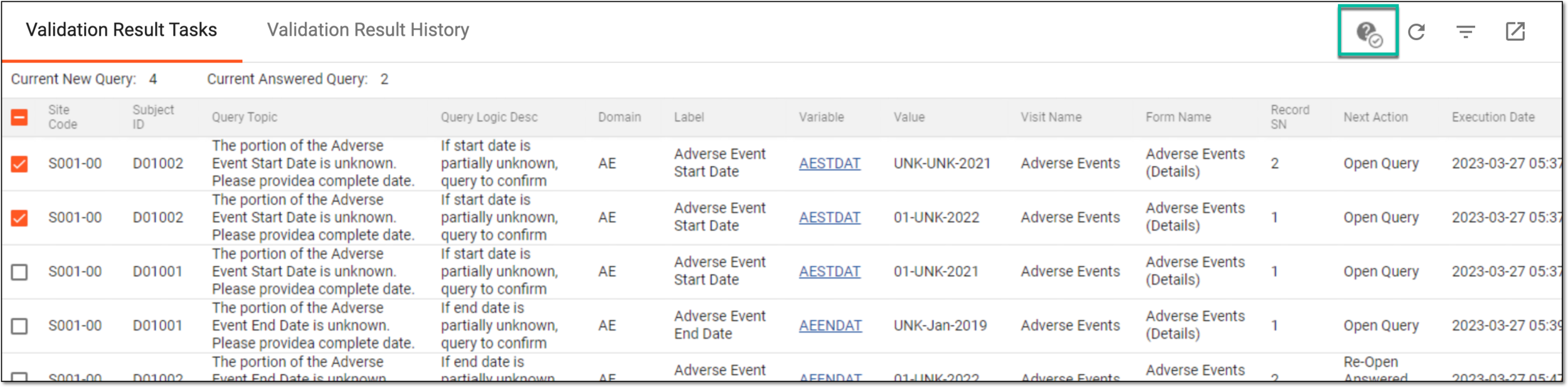 Selecting Validation Result Confirm option