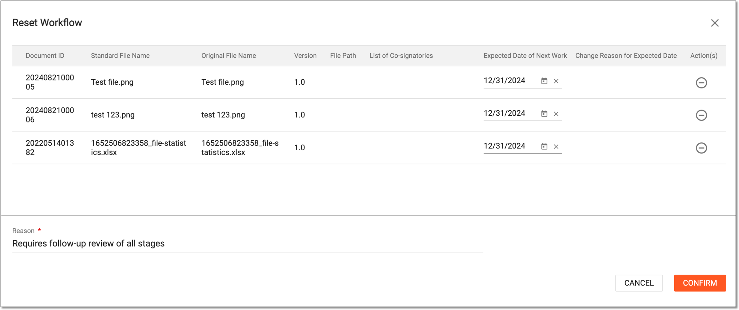 Providing reason for file workflow reset