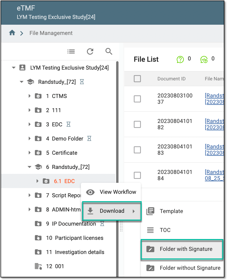 Accessing option to download folder with signature