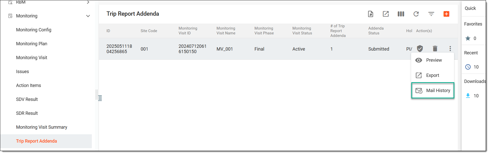 Selecting trip report addendum mail history
