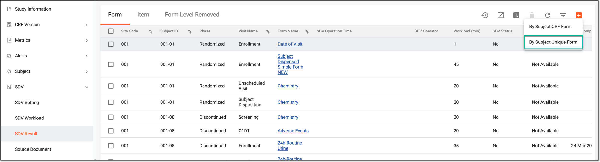 Adding SDV result by subject unique form