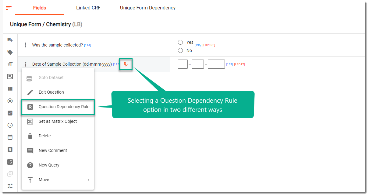 Selecting option to configure question dependency