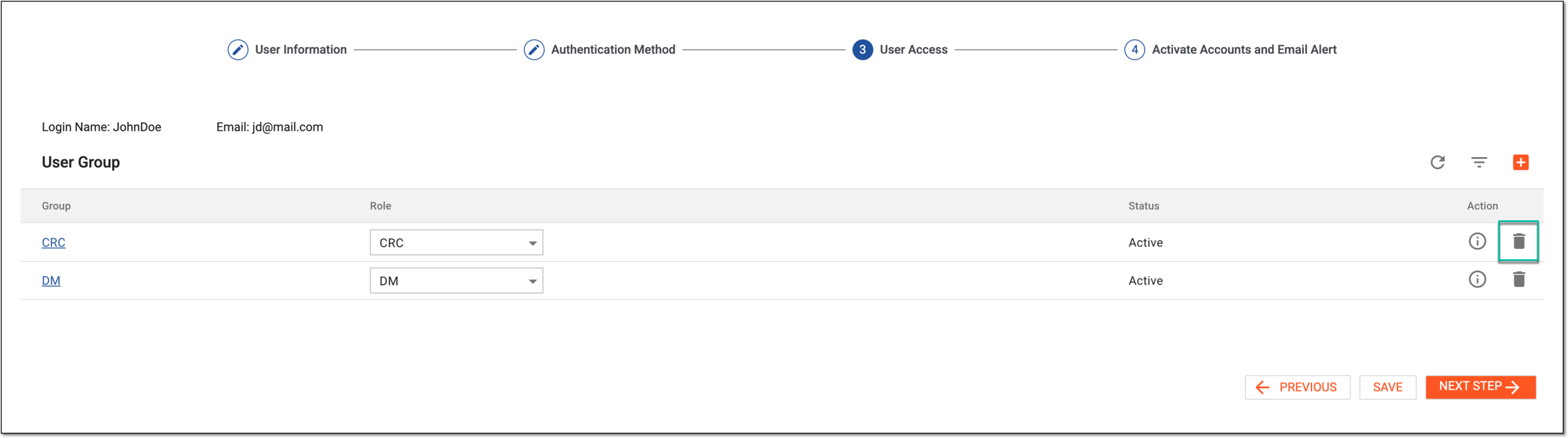 Selecting option to remove user access