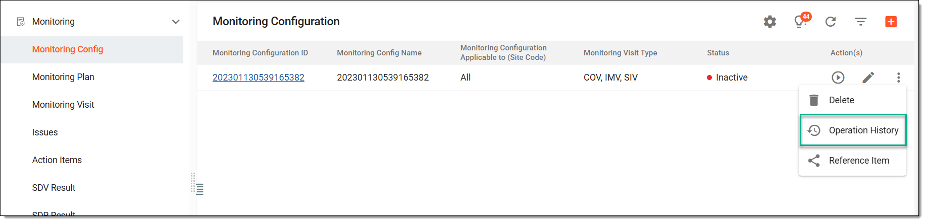 Accessing operation history of monitoring configuration