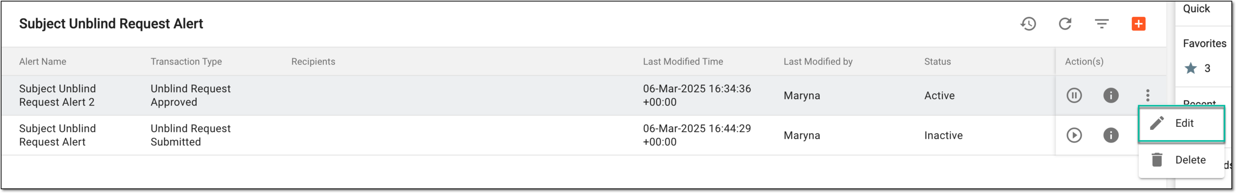 Selecting option to edit subject unblind request alert
