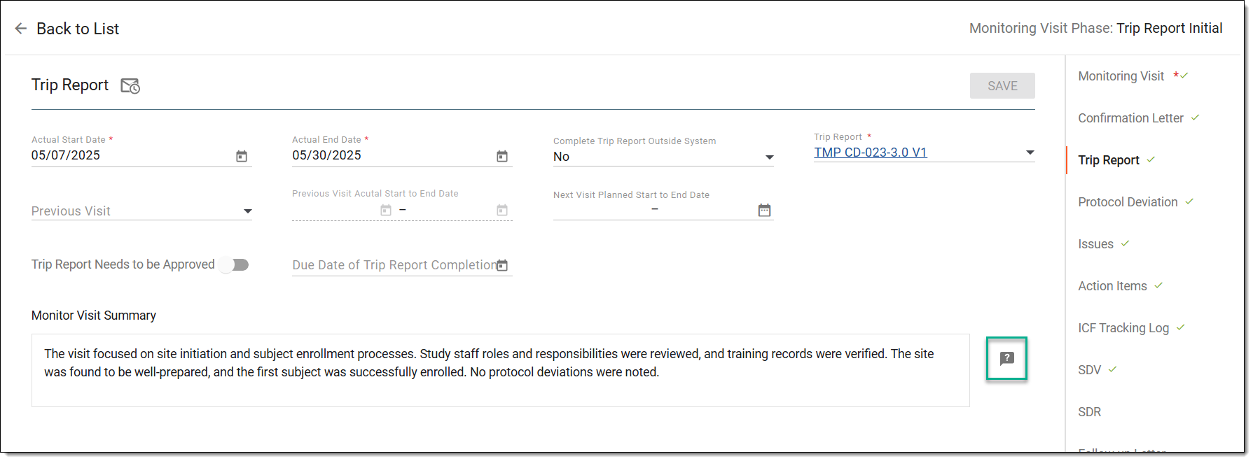Opening query on monitoring visit summary