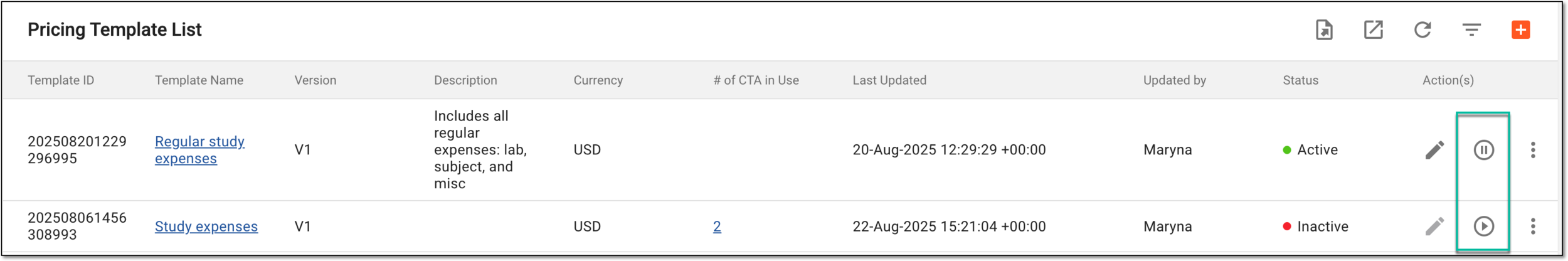 Selecting options to activate or inactivate pricing template