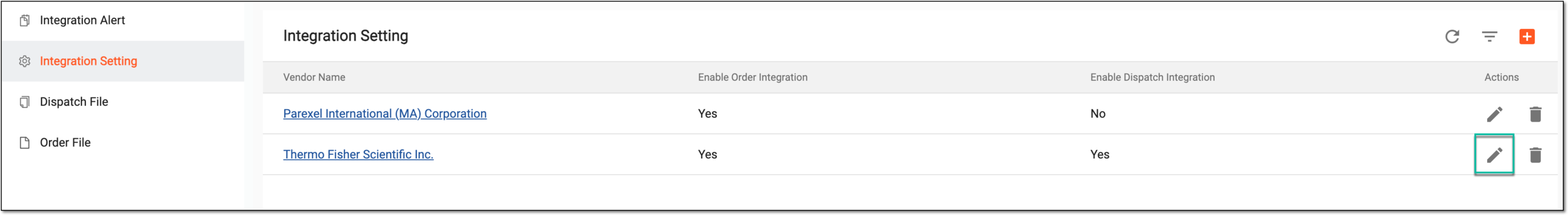 Selecting to edit vendor setting