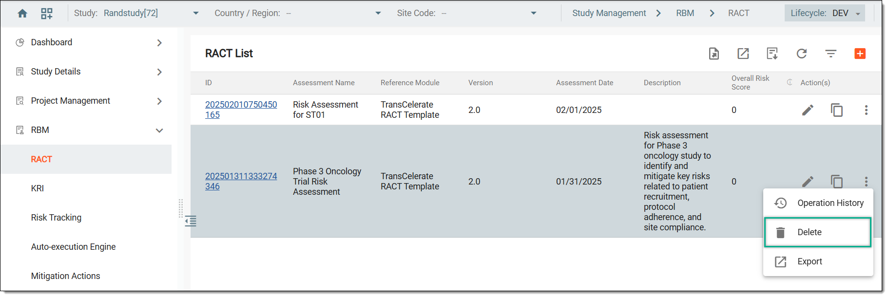 Selecting option to delete risk assessment