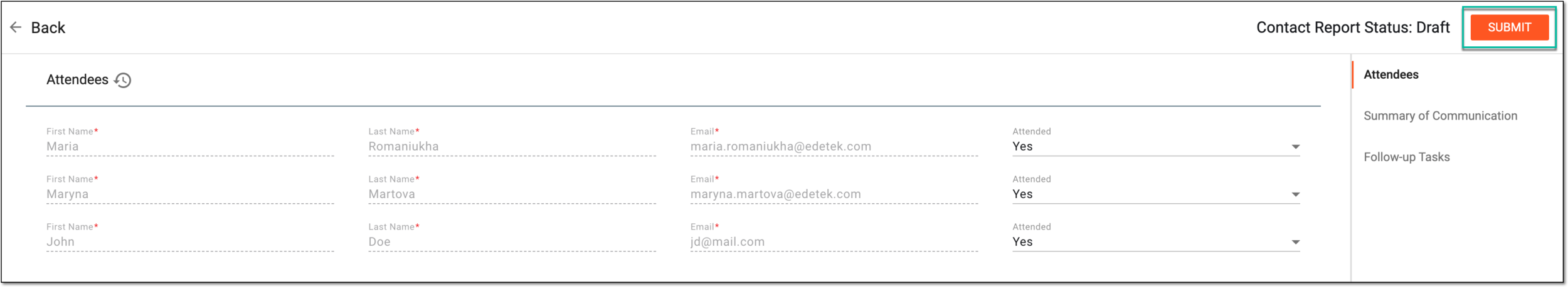 Submitting contact report