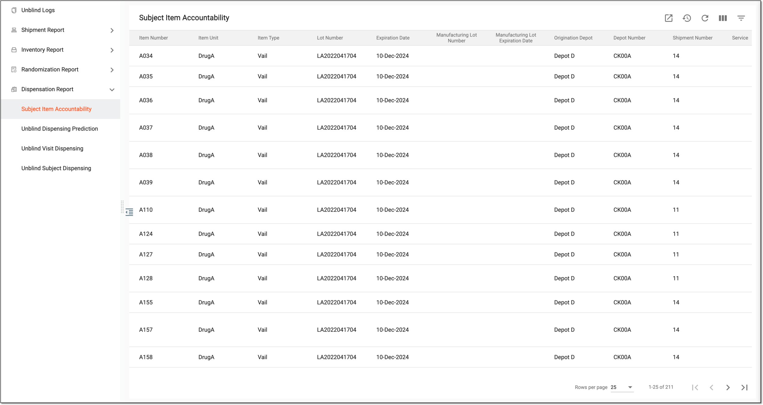 Viewing accountability log of investigational drugs