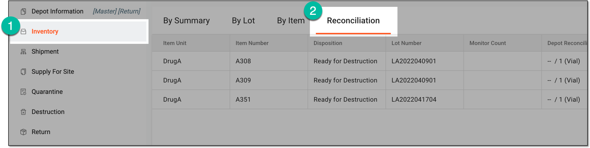 Accessing depot inventory reconciliation