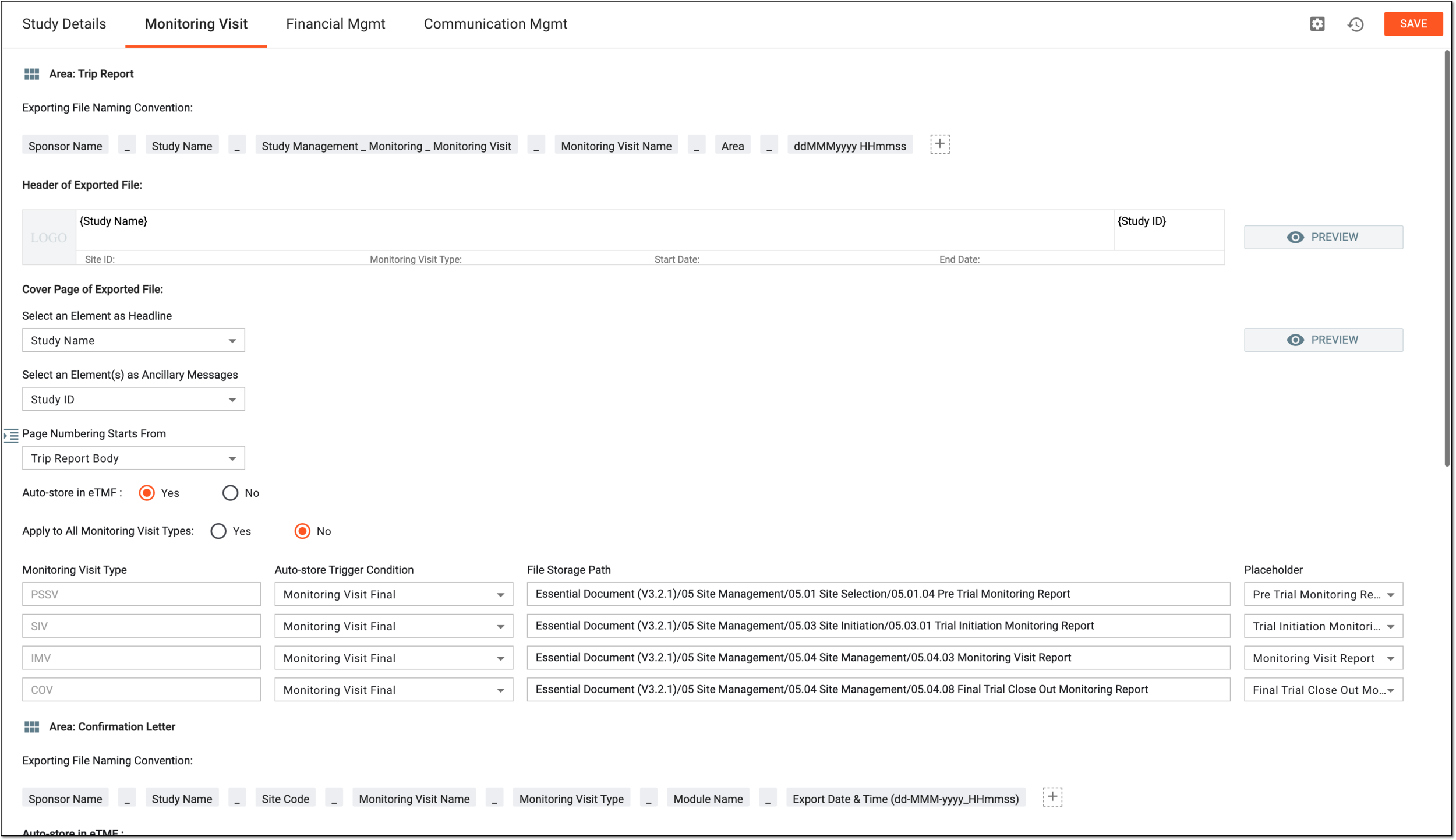 Defining monitoring visit documentation configurations