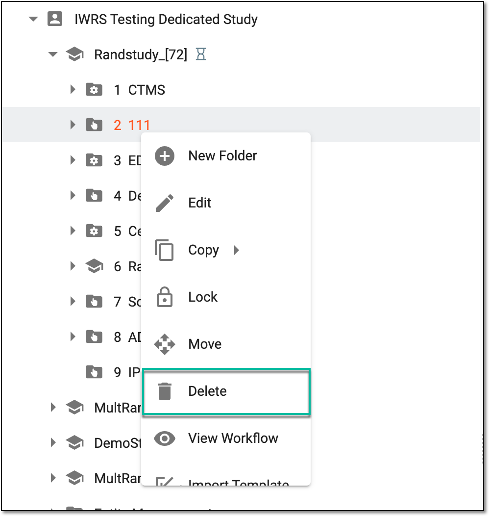 Selecting option to delete folder