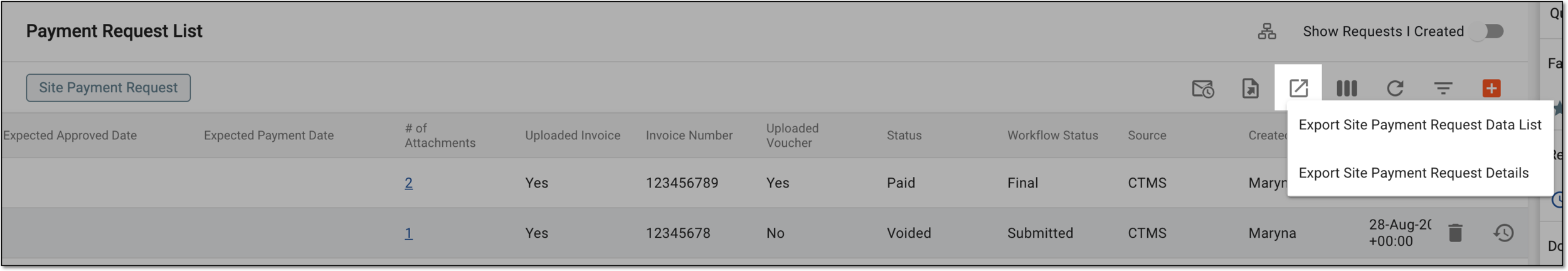 Selecting option to export payment requests
