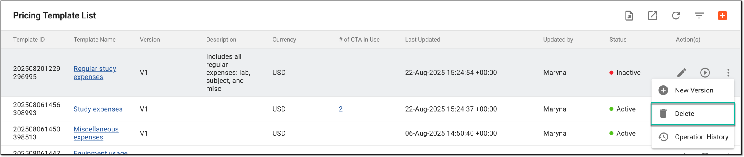Selecting options to delete pricing template