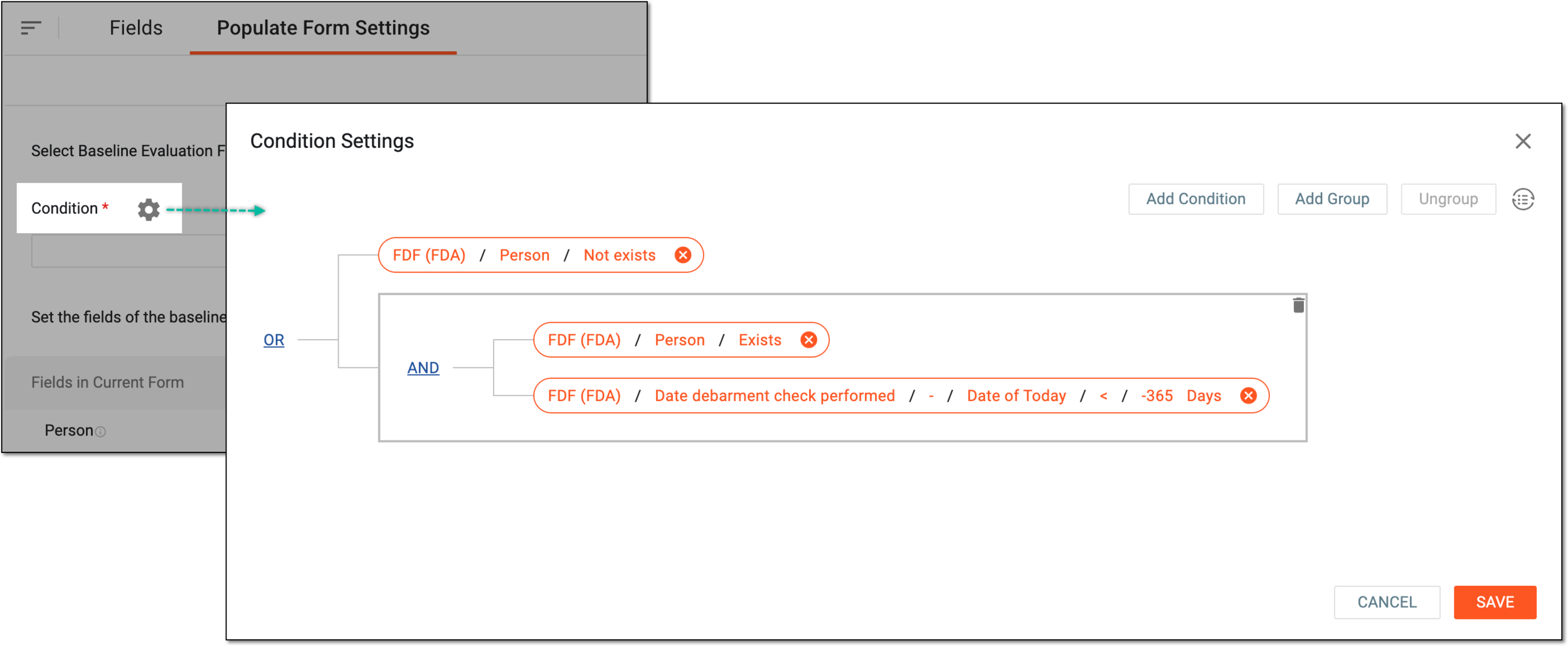 Configuring conditions for form population