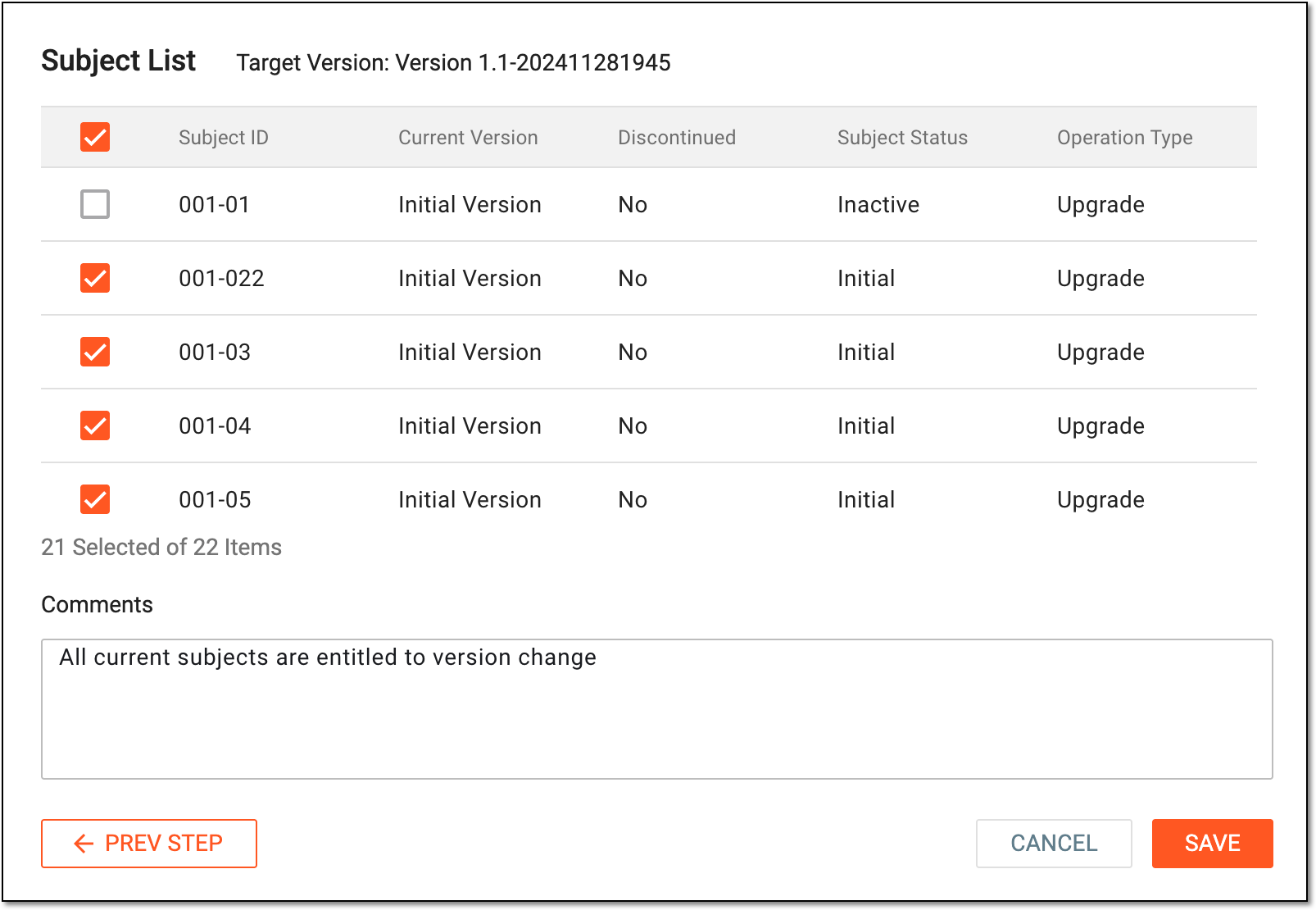 Selecting subjects for version change