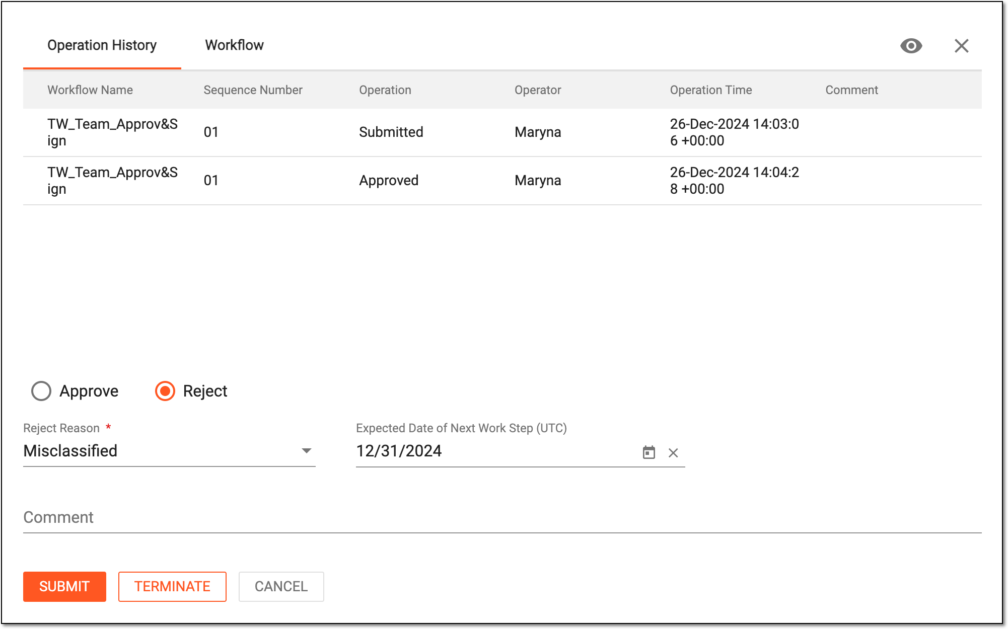 Rejecting file in essential documents