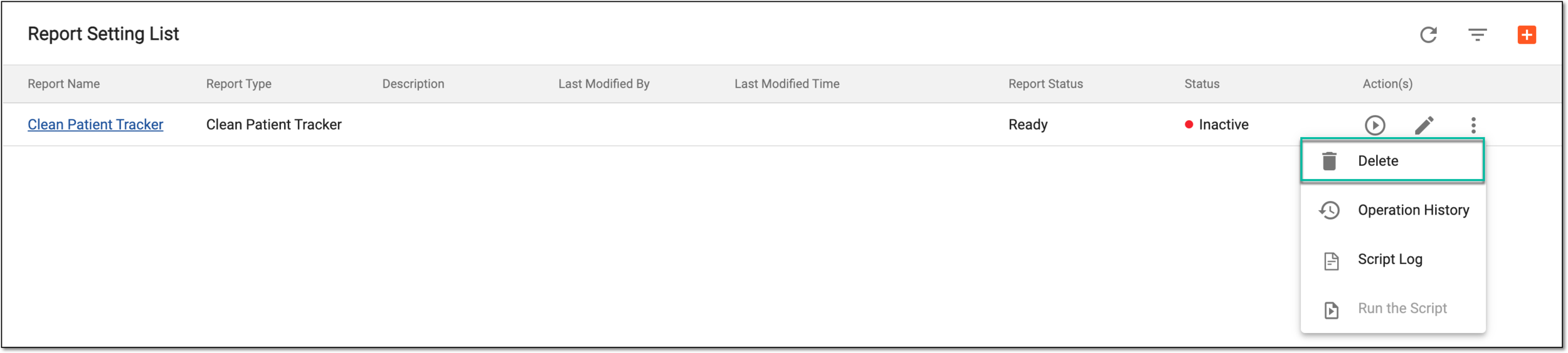 Selecting to delete report configuration