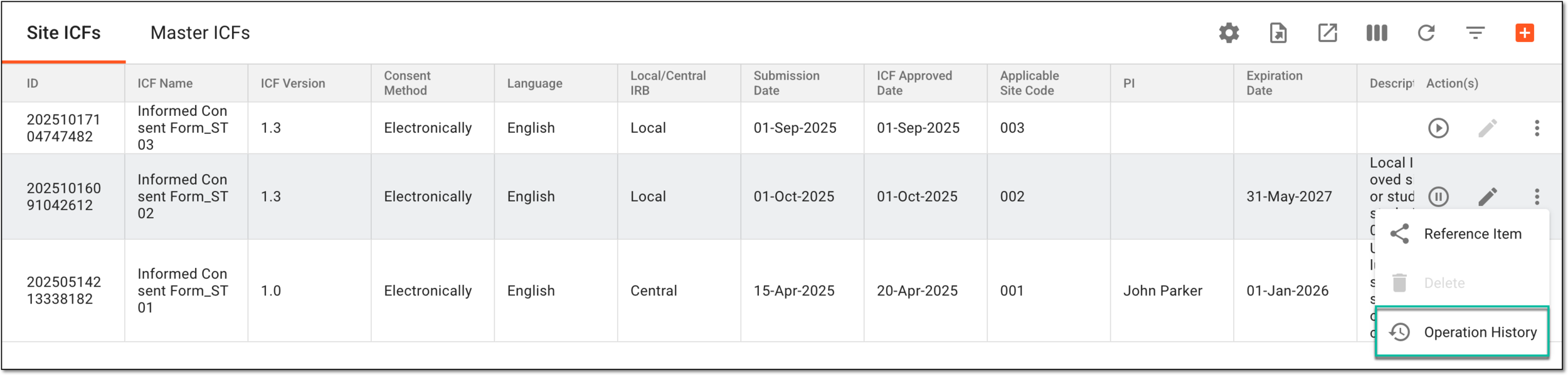 Accessing site ICF listing record operation history
