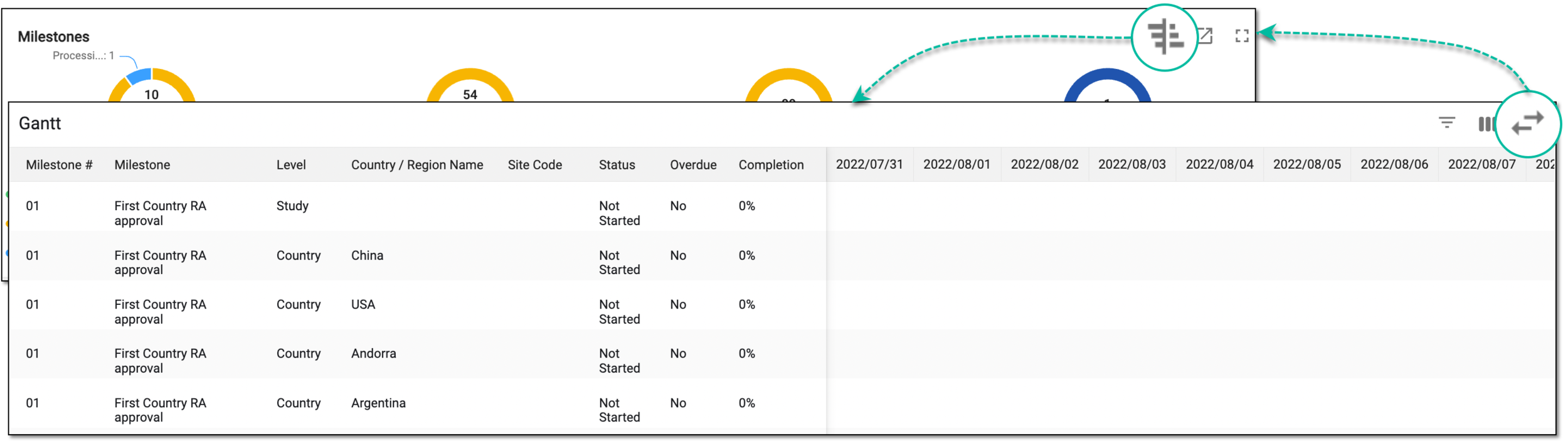 Gantt chart example and switching back to pie charts