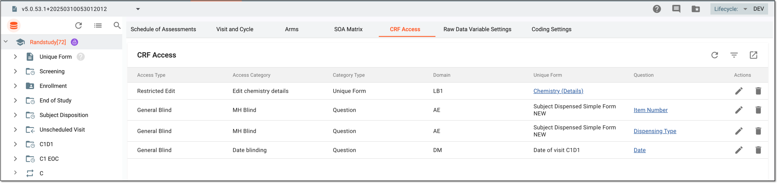 Managing access categories at study level