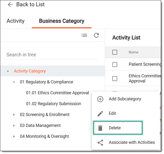 Selecting option to delete category