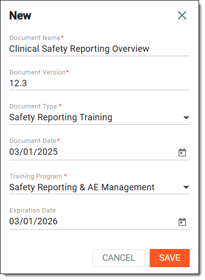 Creating training document entry