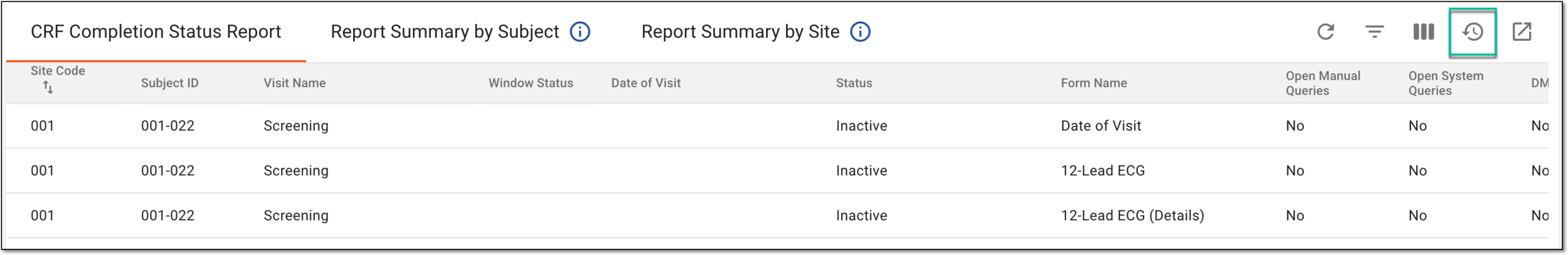 Accessing export history for CRF status report