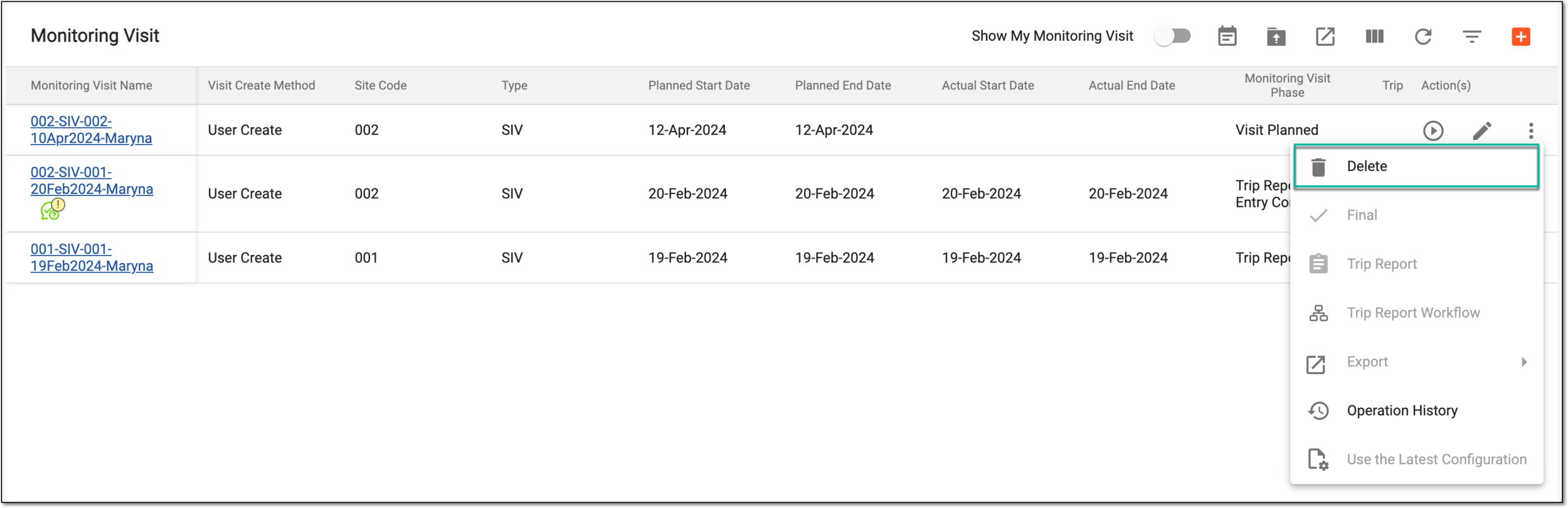 Deleting monitoring visit