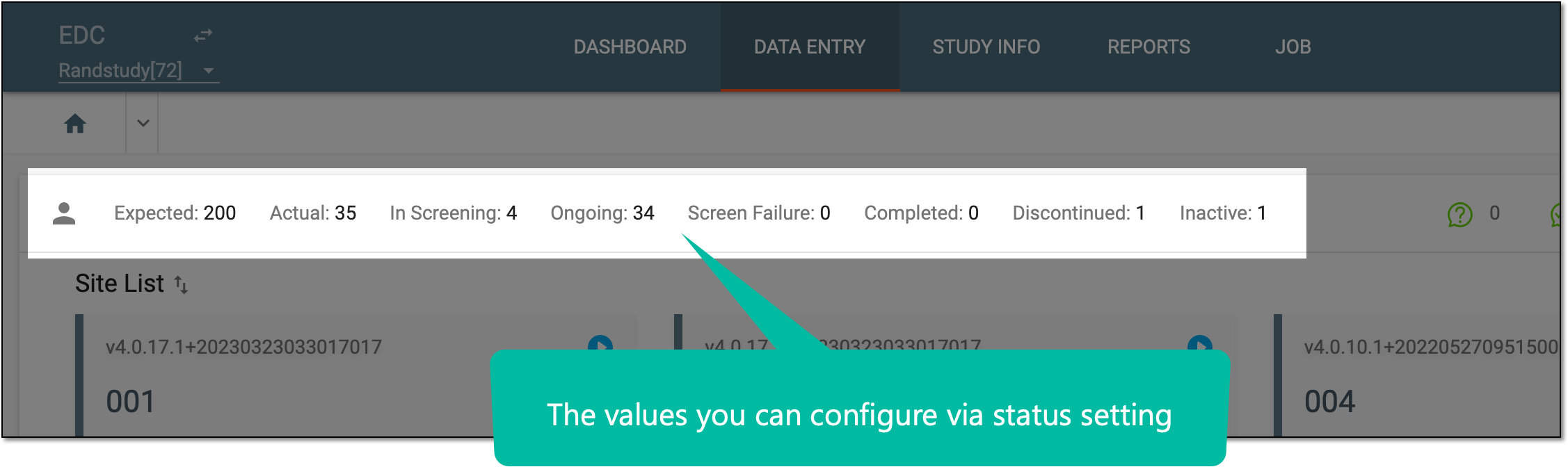 Statistical values configurable via status setting