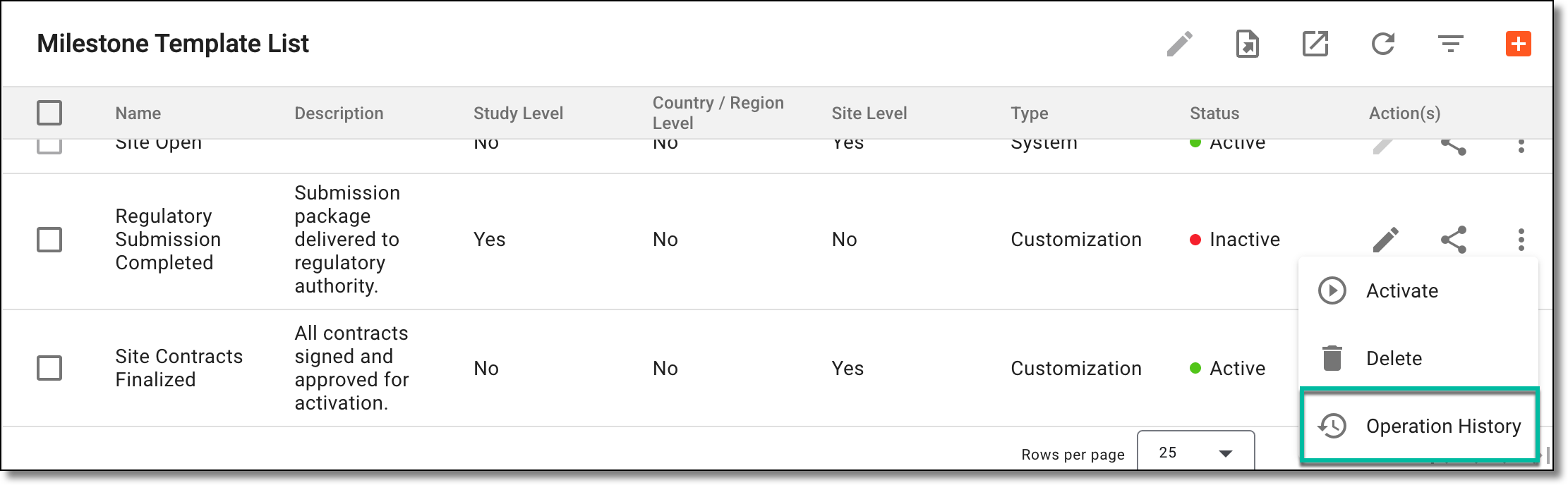 Accessing milestone operation history