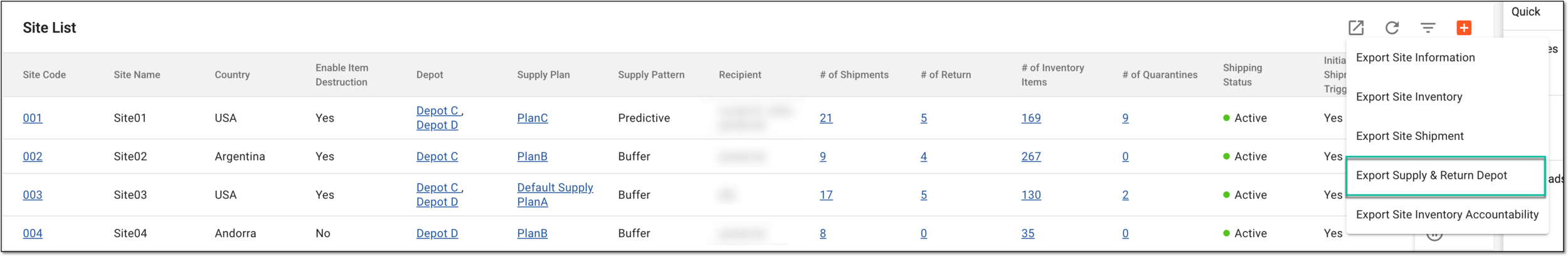 Exporting supply and return depot list for sites