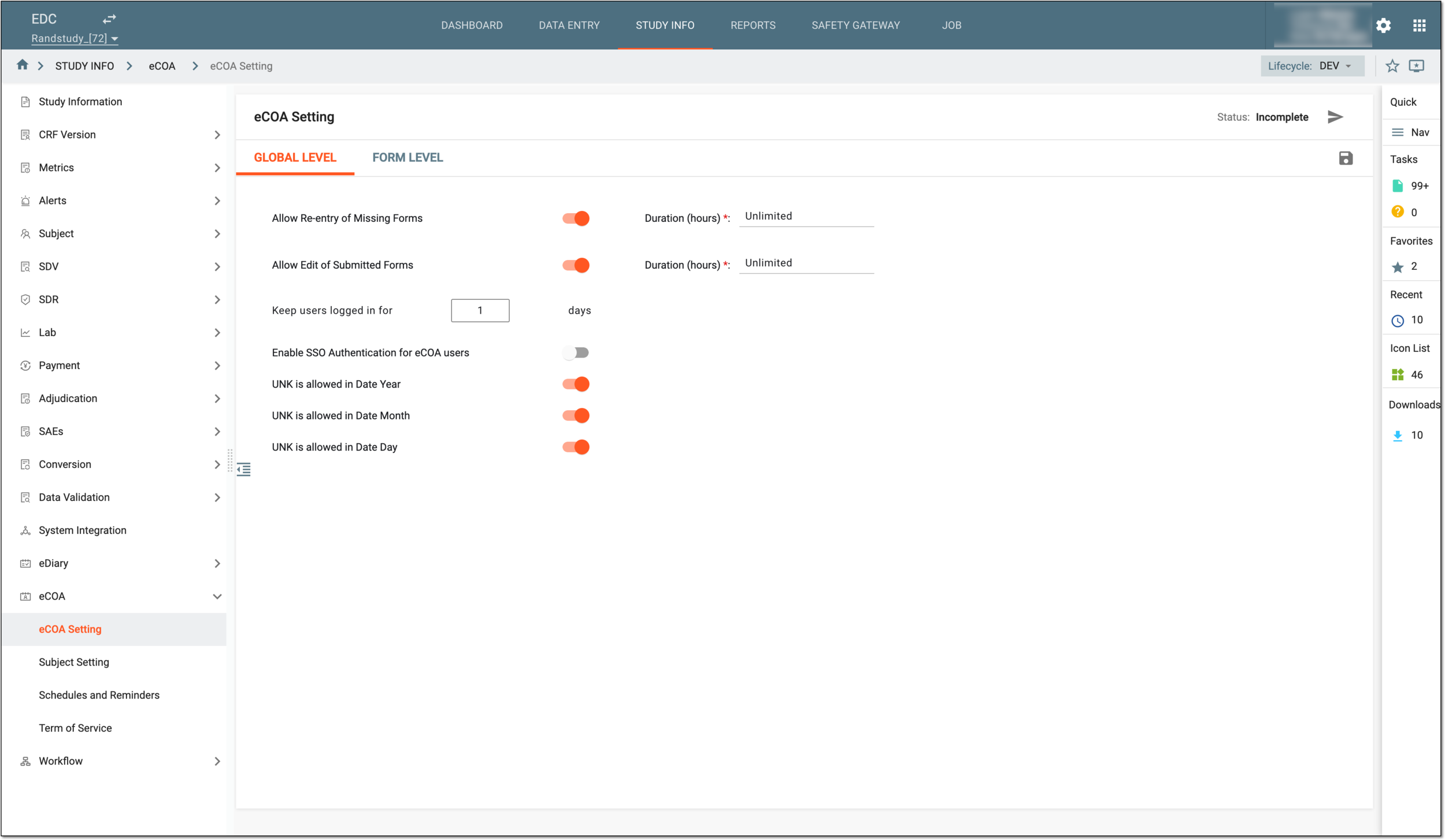 eCOA configuration in eClinical EDC