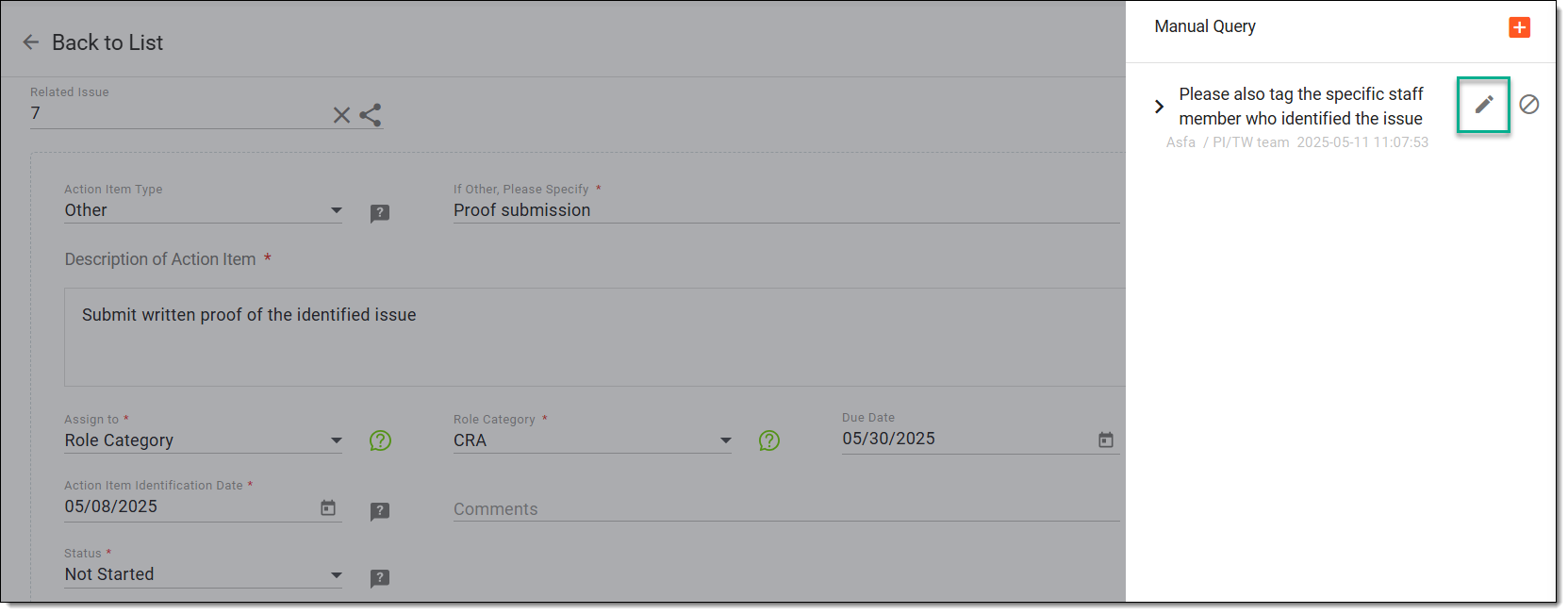 Selecting option to edit action item query