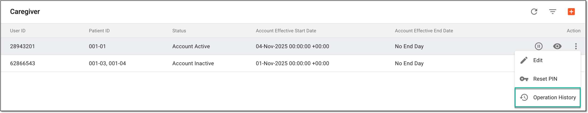 Accessing operation history of caregiver eDiary account