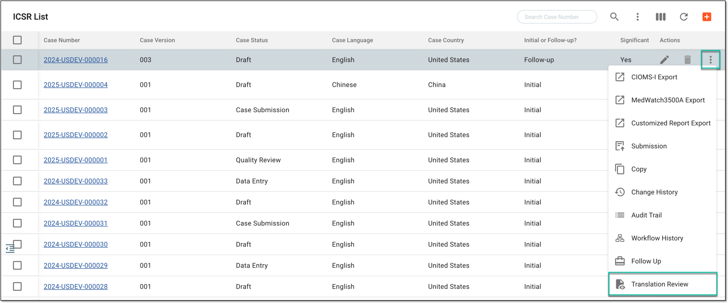 Accessing translation review from ICSR list