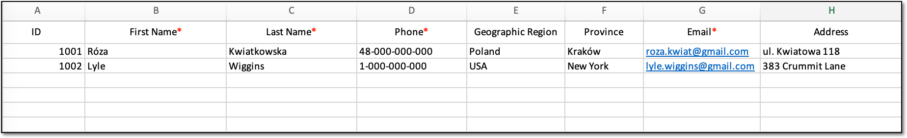 Sample of information filled in downloaded template