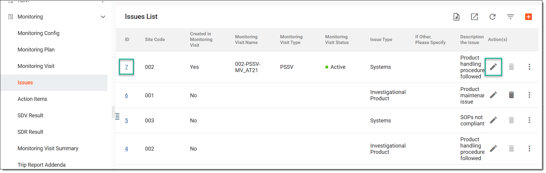 Choosing option to edit issue