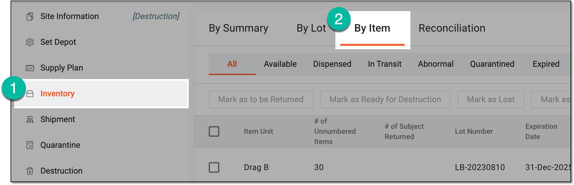 Accessing site inventory by item