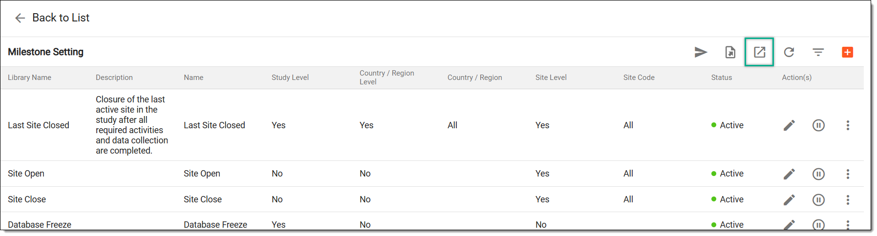 Accessing option to export milestones
