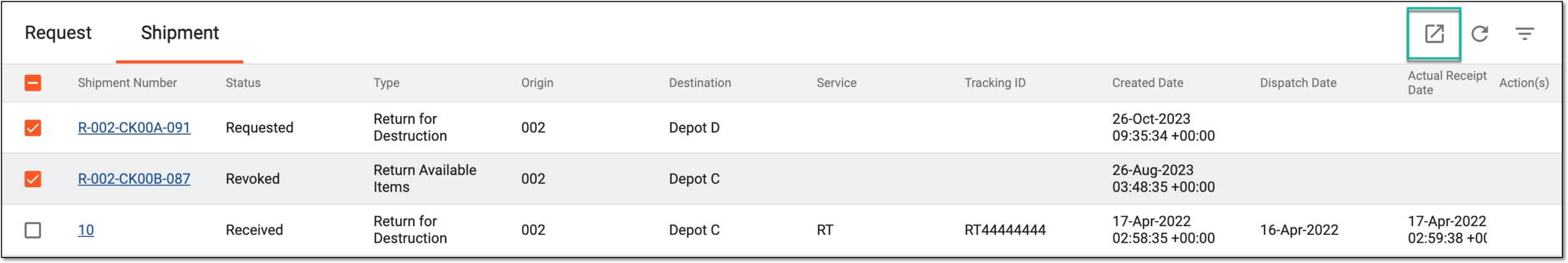 Exporting site return shipments