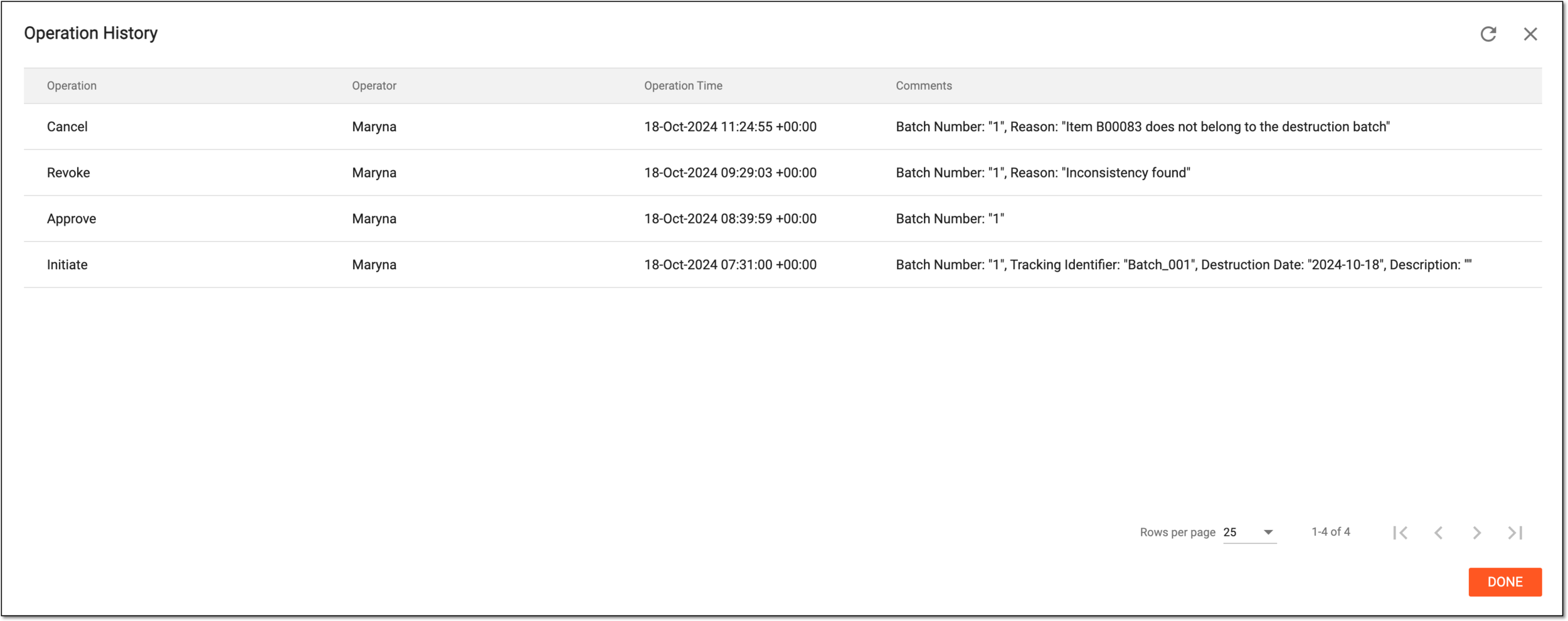 Reviewing destruction batch operation history